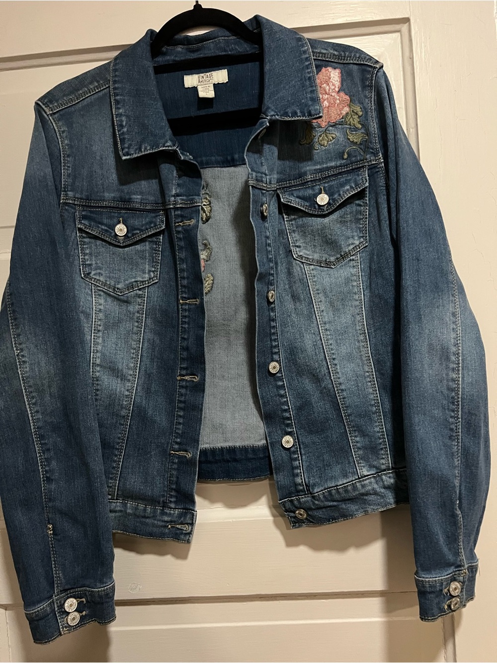 Vintage America Blue Denim Jacket with Pink Rose Embroidery